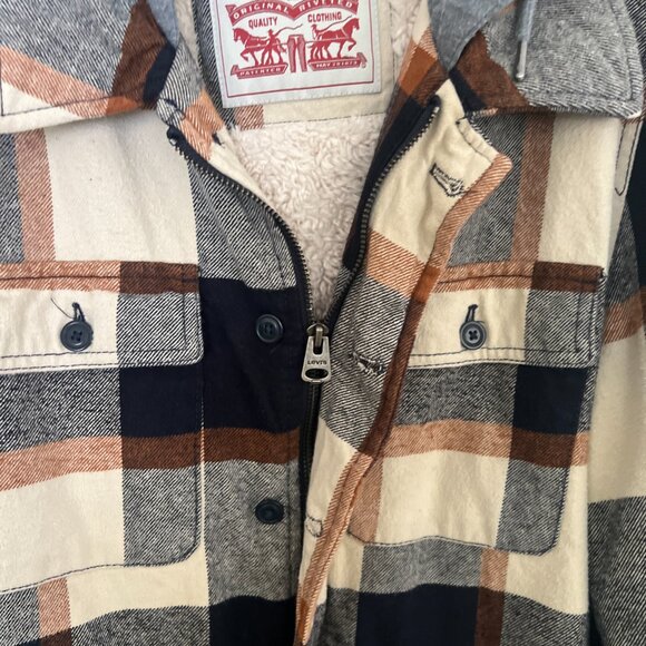LEVIS MENS FLANNEL JACKET ZIP UP AND BUTON UP FLEECE HOODIE BROWN PLAID SZ S - Picture 5 of 11